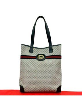 Gucci Vintage Sherry Line Micro GG Logo Leather Tote Navy